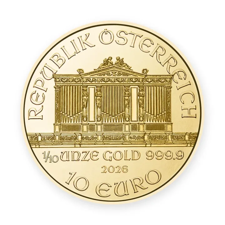 Bečka filharmonija 1/10 oz (3,11 g) 2026 — revers Bečka filharmonija 1/10 oz (3,11 g) 2026 — revers