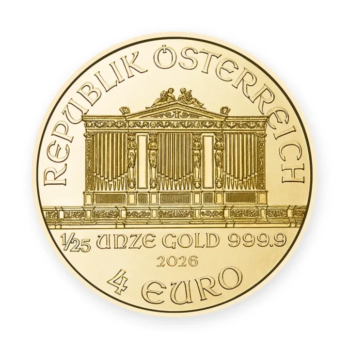 Bečka filharmonija 1/25 oz (1,24 g) 2026 — revers Bečka filharmonija 1/25 oz (1,24 g) 2026 — revers