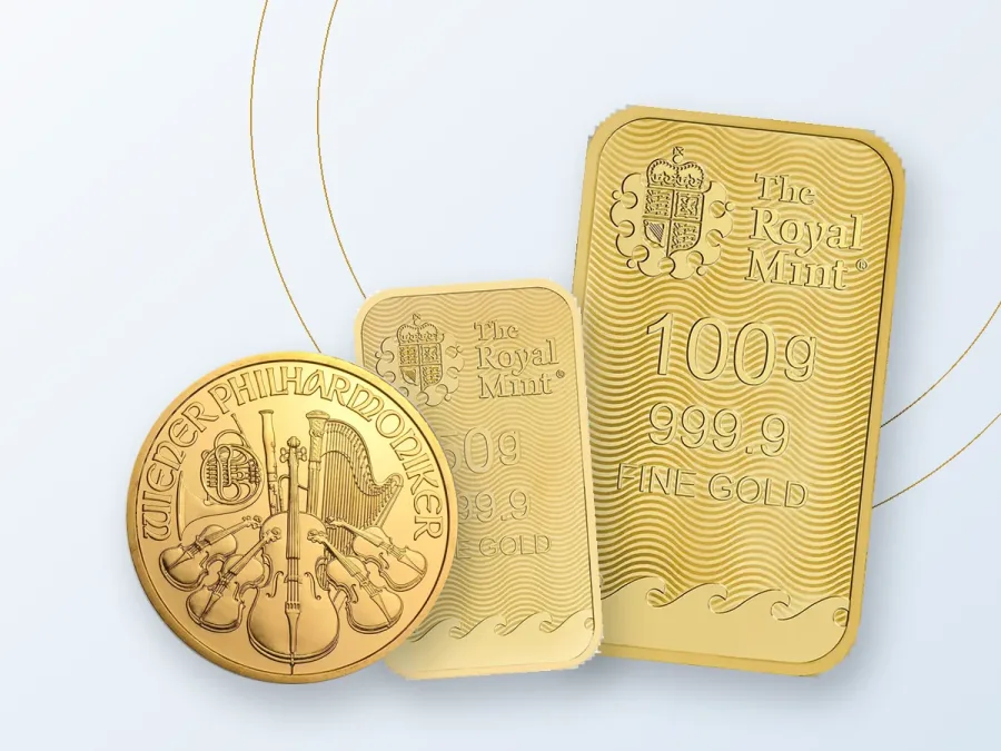 Zlatne poluge Royal Mint Britannia od 100 g i 50 g i zlatnik Bečka filharmonija 1 oz