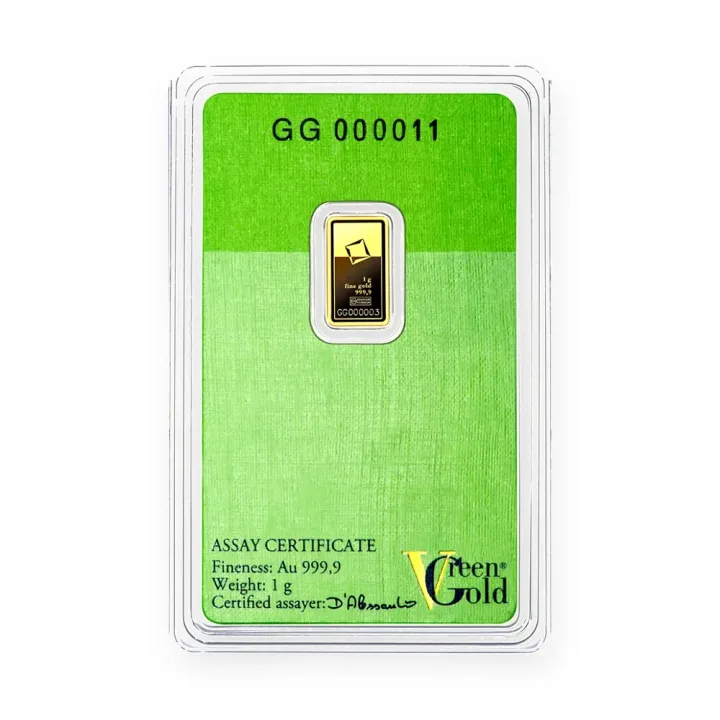 Zlatna poluga 1 g Valcambi Green Gold — zadnja strana Zlatna poluga 1 g Valcambi Green Gold — zadnja strana
