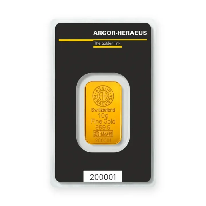 Zlatna poluga 10 g Argor-Heraeus Zlatna poluga 10 g Argor-Heraeus — prednja strana