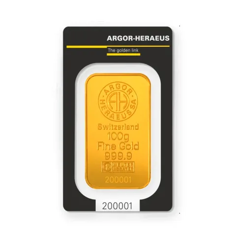 Zlatna poluga 100 g Argor-Heraeus Kinebar — prednja strana