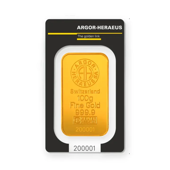 Zlatna poluga 100 g Argor-Heraeus Kinebar Zlatna poluga 100 g Argor-Heraeus Kinebar — prednja strana