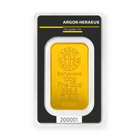 Zlatna poluga 100 g Argor-Heraeus kovana — prednja strana