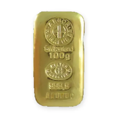 Zlatna poluga 100 g Argor-Heraeus livena — prednja strana