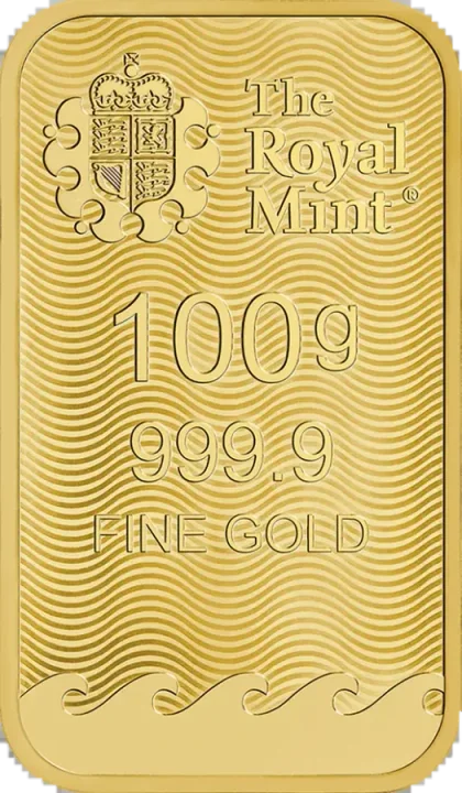 Zlatna poluga 100 g Royal Mint Britannia — prednja strana