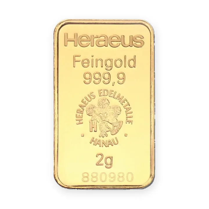 Zlatna poluga 2 g Heraeus Kinebar Zlatna poluga 2 g Heraeus Kinebar — prednja strana