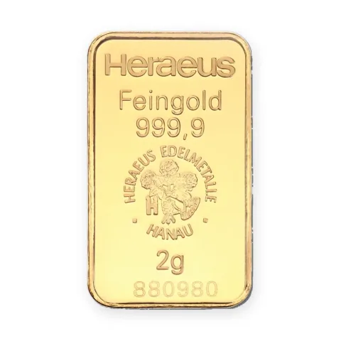 Zlatna poluga 2 g Heraeus Kinebar — prednja strana