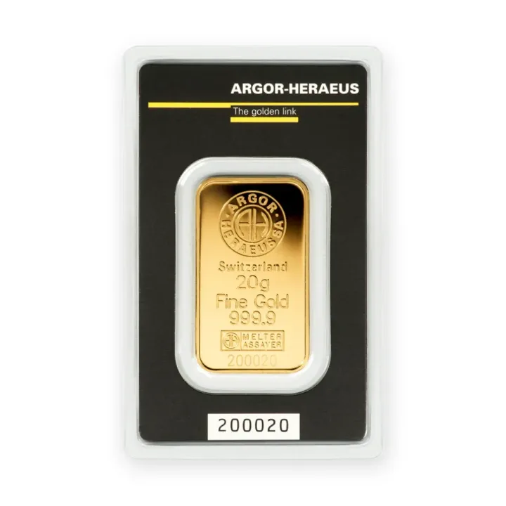 Zlatna poluga 20 g Argor-Heraeus Zlatna poluga 20 g Argor-Heraeus — prednja strana