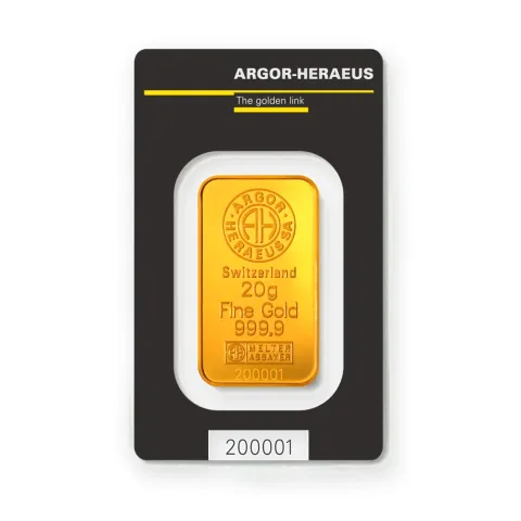 Zlatna poluga 20 g Argor-Heraeus Kinebar — prednja strana