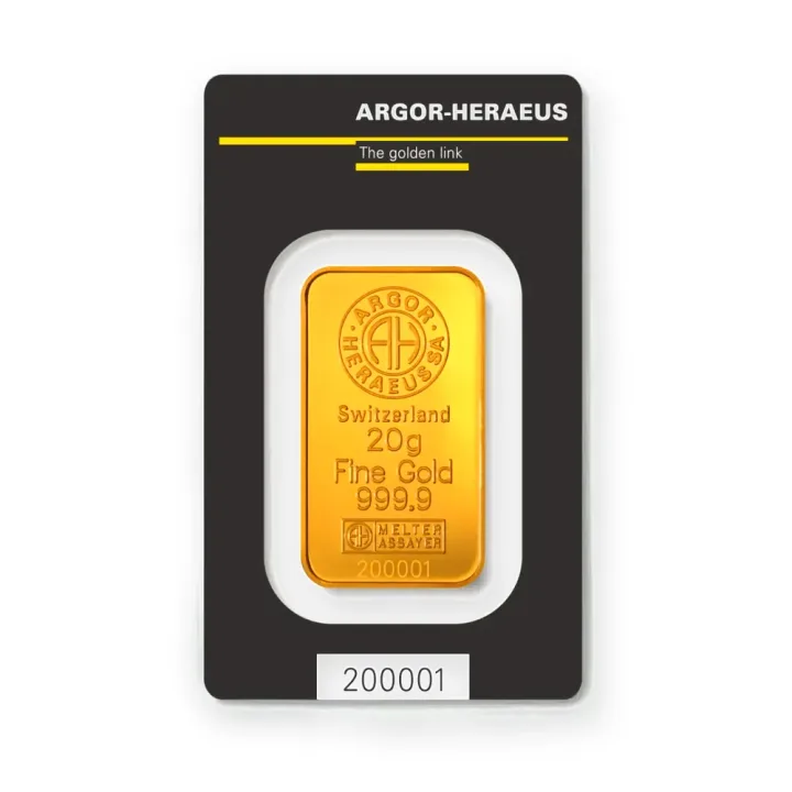 Zlatna poluga 20 g Argor-Heraeus Kinebar Zlatna poluga 20 g Argor-Heraeus Kinebar — prednja strana