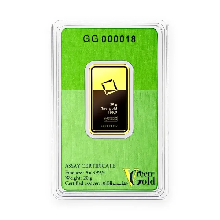 Zlatna poluga 20 g Valcambi Green Gold — zadnja strana Zlatna poluga 20 g Valcambi Green Gold — zadnja strana