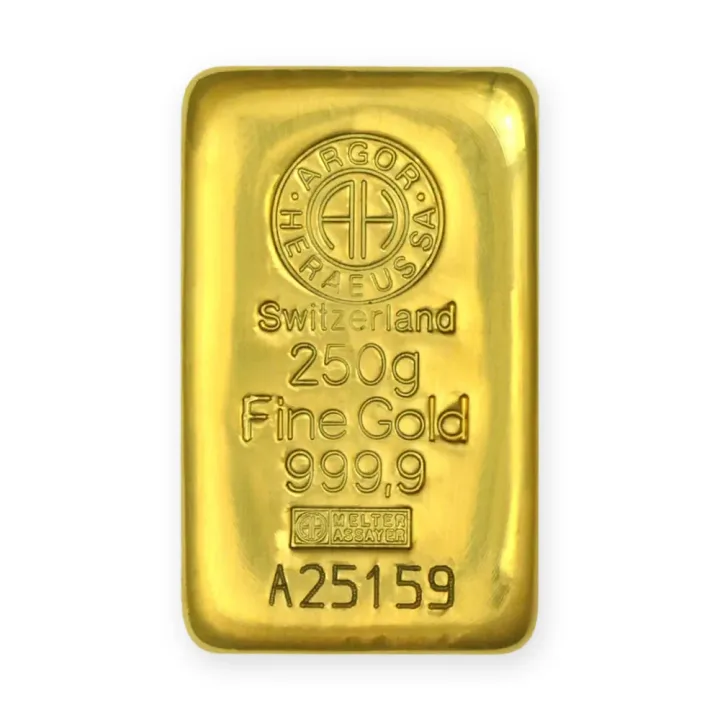 Zlatna poluga 250 g Argor-Heraeus livena Zlatna poluga 250 g Argor-Heraeus livena — prednja strana