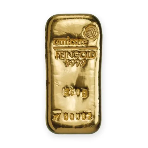 Zlatna poluga 250 g Umicore — prednja strana