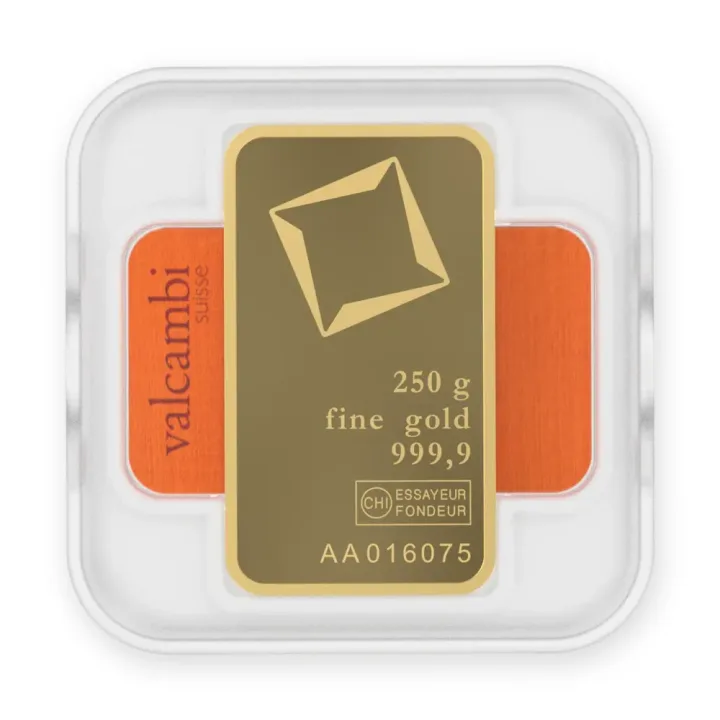 Zlatna poluga 250 g Valcambi kovana — zadnja strana Zlatna poluga 250 g Valcambi kovana — zadnja strana