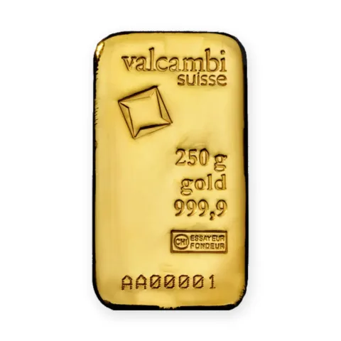 Zlatna poluga 250 g Valcambi livena — prednja strana