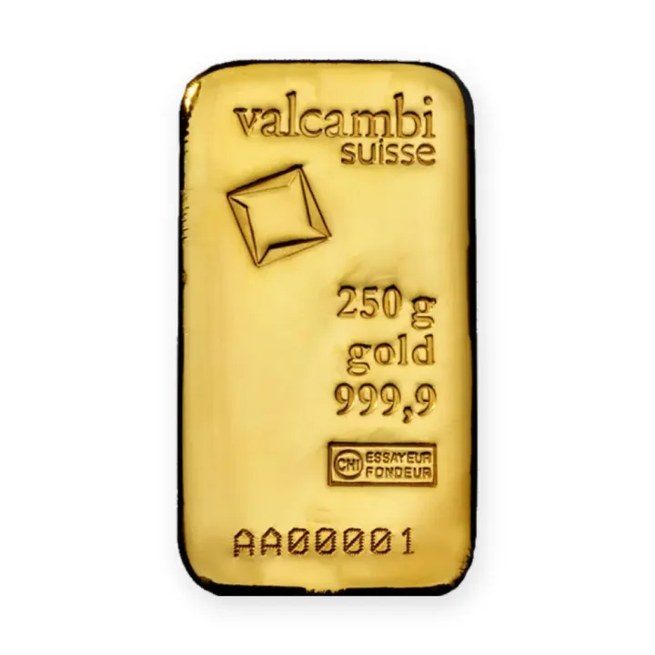 Zlatna poluga 250 g Valcambi livena Zlatna poluga 250 g Valcambi livena — prednja strana