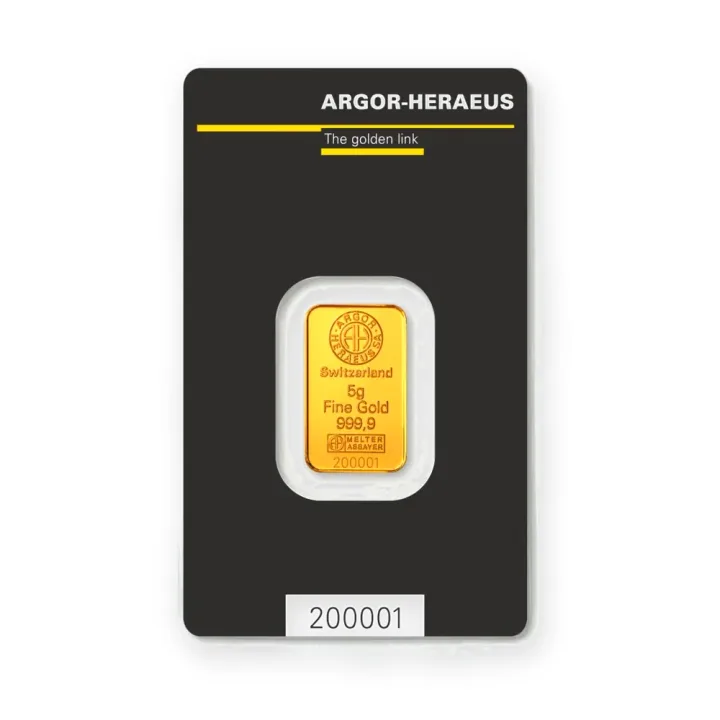 Zlatna poluga 5 g Argor-Heraeus Kinebar Zlatna poluga 5 g Argor-Heraeus Kinebar — prednja strana