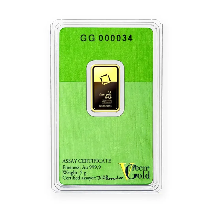 Zlatna poluga 5 g Valcambi Green Gold — zadnja strana Zlatna poluga 5 g Valcambi Green Gold — zadnja strana