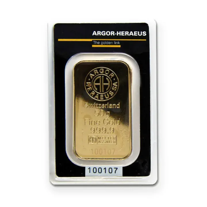 Zlatna poluga 50 g Argor-Heraeus Kinebar — zadnja strana Zlatna poluga 50 g Argor-Heraeus Kinebar — zadnja strana