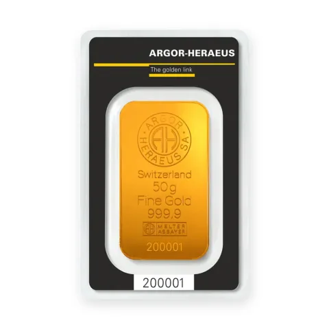 Zlatna poluga 50 g Argor-Heraeus kovana — prednja strana