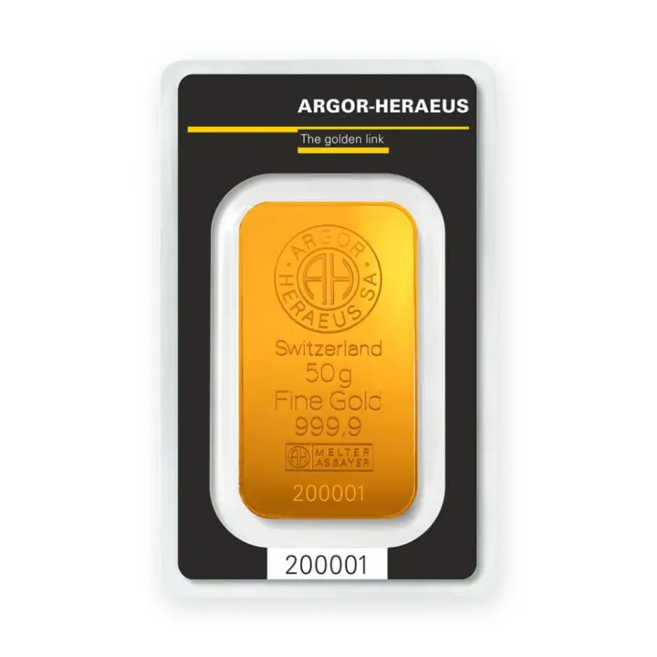Zlatna poluga 50 g Argor-Heraeus kovana Zlatna poluga 50 g Argor-Heraeus kovana — prednja strana