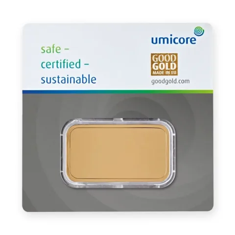 Zlatna poluga 50 g Umicore — prednja strana