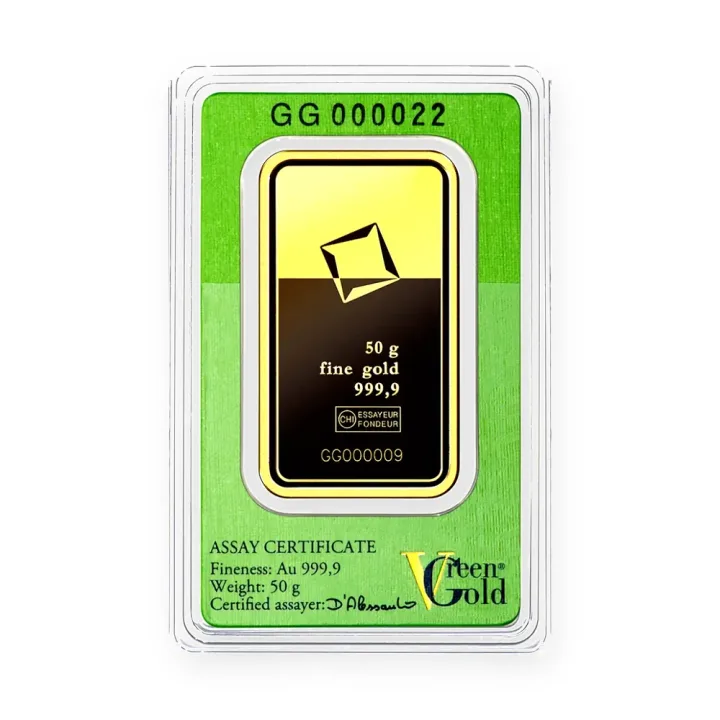 Zlatna poluga 50 g Valcambi Green Gold — zadnja strana Zlatna poluga 50 g Valcambi Green Gold — zadnja strana