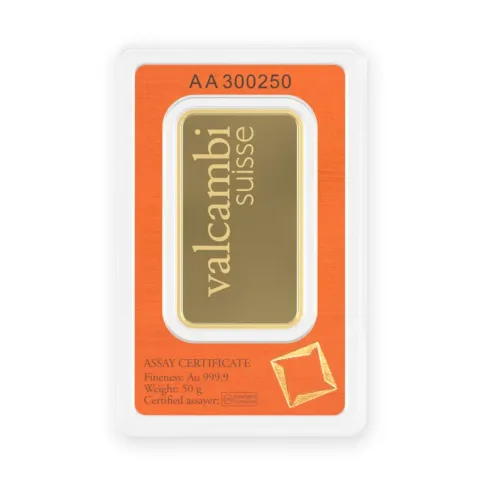 Zlatna poluga 50 g Valcambi kovana — prednja strana