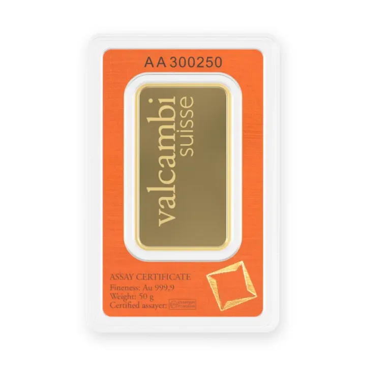 Zlatna poluga 50 g Valcambi kovana Zlatna poluga 50 g Valcambi kovana — prednja strana