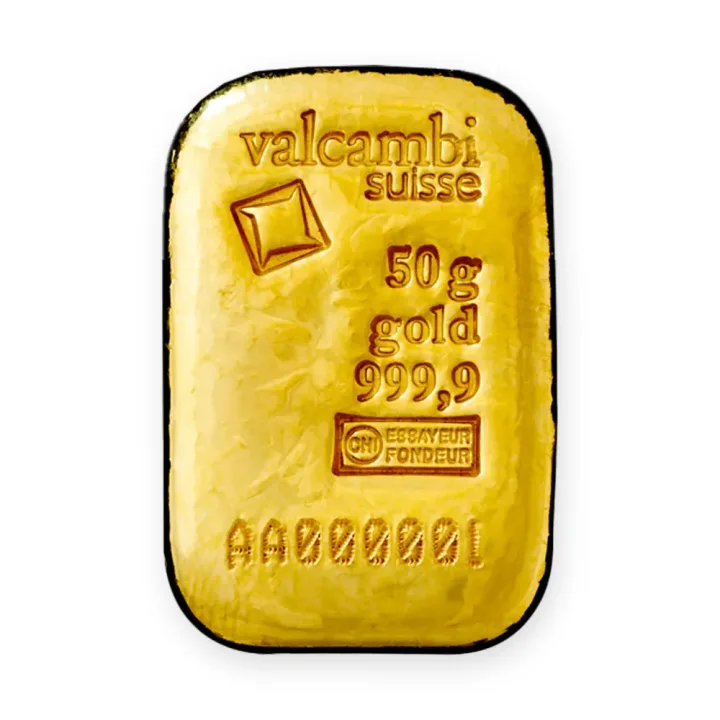 Zlatna poluga 50 g Valcambi livena Zlatna poluga 50 g Valcambi livena — prednja strana