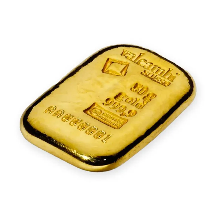 Zlatna poluga 50 g Valcambi livena — zadnja strana Zlatna poluga 50 g Valcambi livena — zadnja strana
