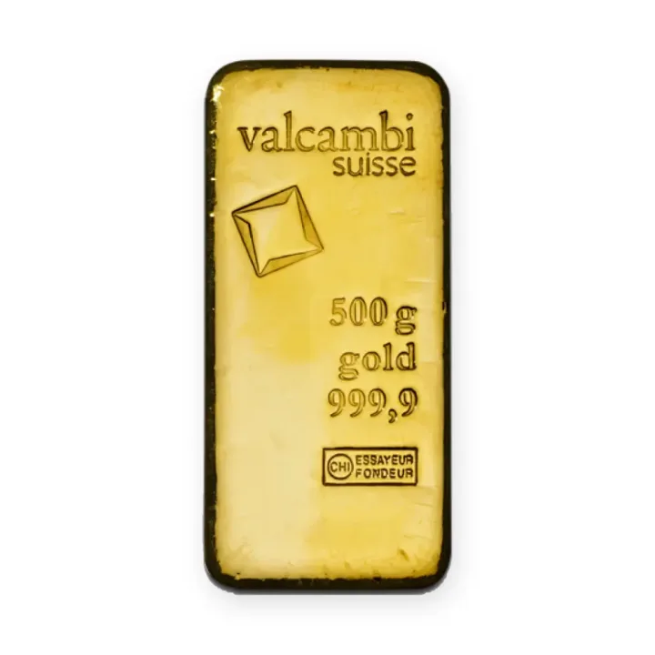 Zlatna poluga 500 g Valcambi livena Zlatna poluga 500 g Valcambi livena — prednja strana
