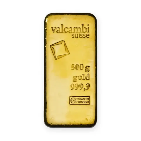 Zlatna poluga 500 g Valcambi livena — prednja strana